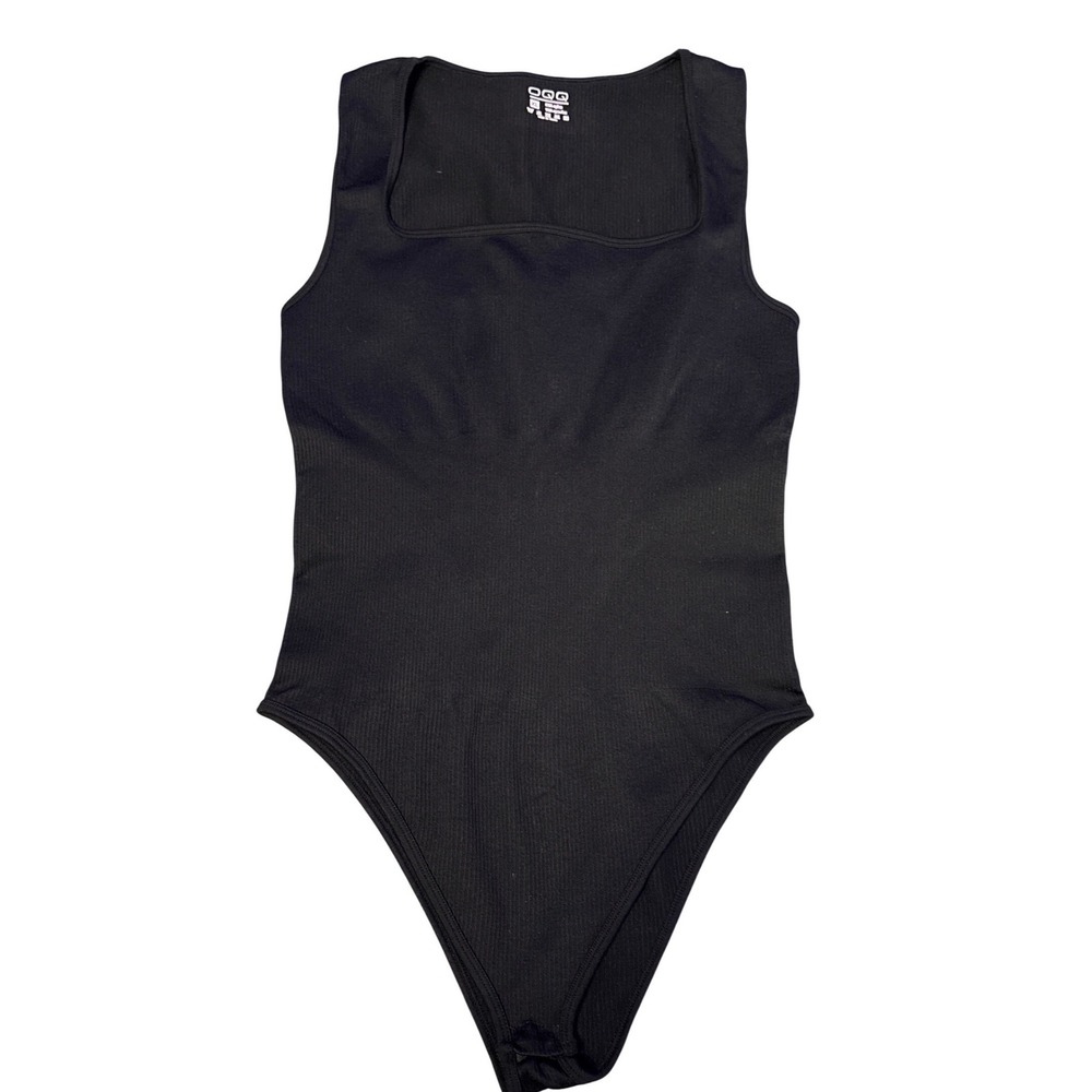 OQQ Y2K Black Ribbed Square Neck Sleeveless Bodysuit, Size XL